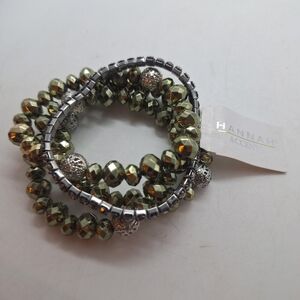 Hannah Accents Silvertone Bead & Rhinestone elastic Bracelet Set Of 4 About 6.5"
